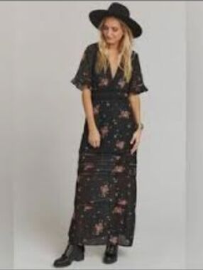 Truth Black Floral Maxi Kimono Dress - Sheer Plunge V